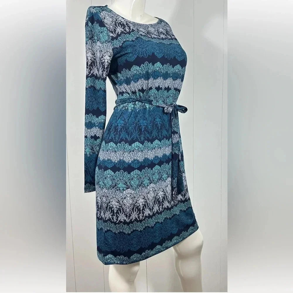 BANANA REPUBLIC Blue Black floral paisley Shift dress Waist Tie Long Sleeve Sz S - Picture 3 of 6